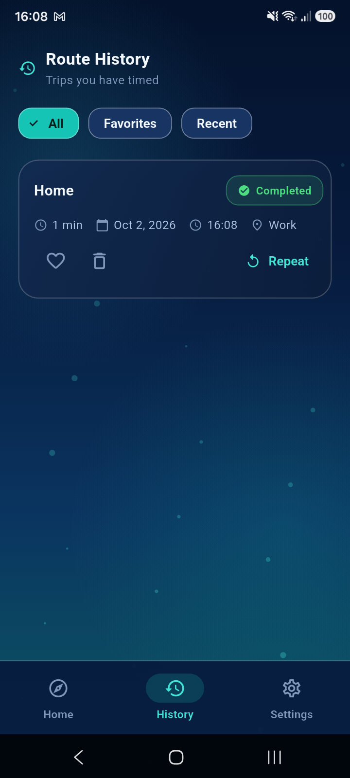 Timer Navigator route history screen
