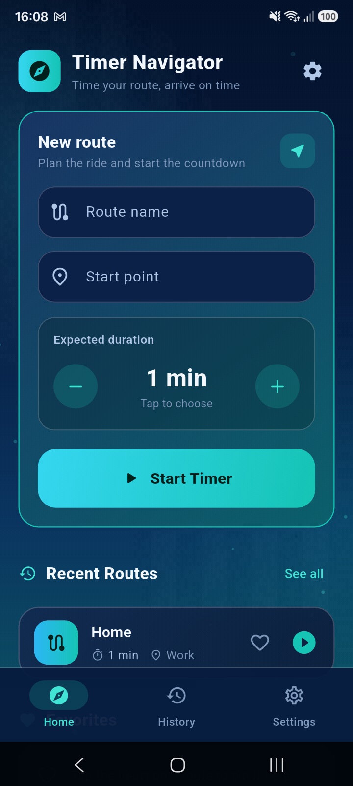 Timer Navigator new route screen